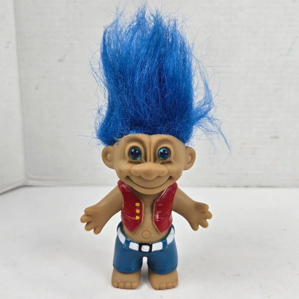 Vtg 90s Russ Berrie Troll Doll Hippie Stripper Blue Hair Red Vest Blue Shorts 4
